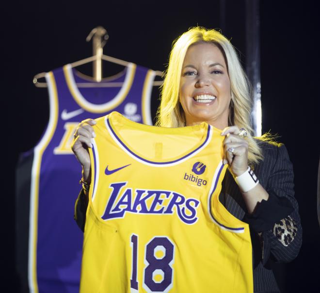 Jeanie Buss, president of the Lakers, with a franchise shirt.
