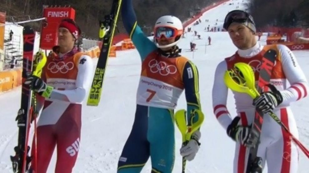 Andre Myhrer, oro en el slalom de Pyeongchang, junto a Ramon Zenhaeusern y Michael Matt, plata y bronce respectivamente.
