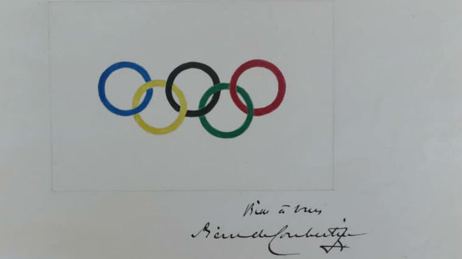 El dibujo de Coubertain de los aros olímpicos.