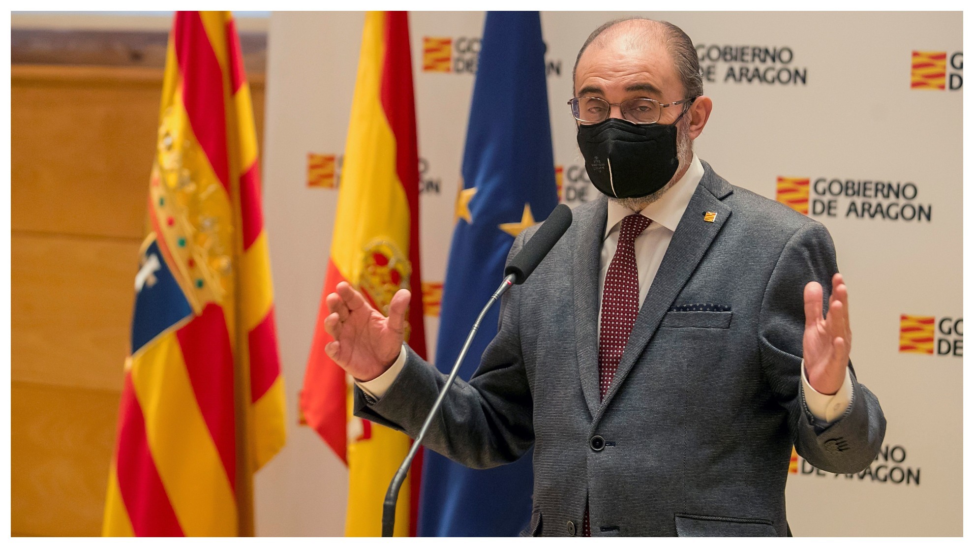 El presidente de Aragón, Javier Lambán, durante una reciente rueda de prensa.