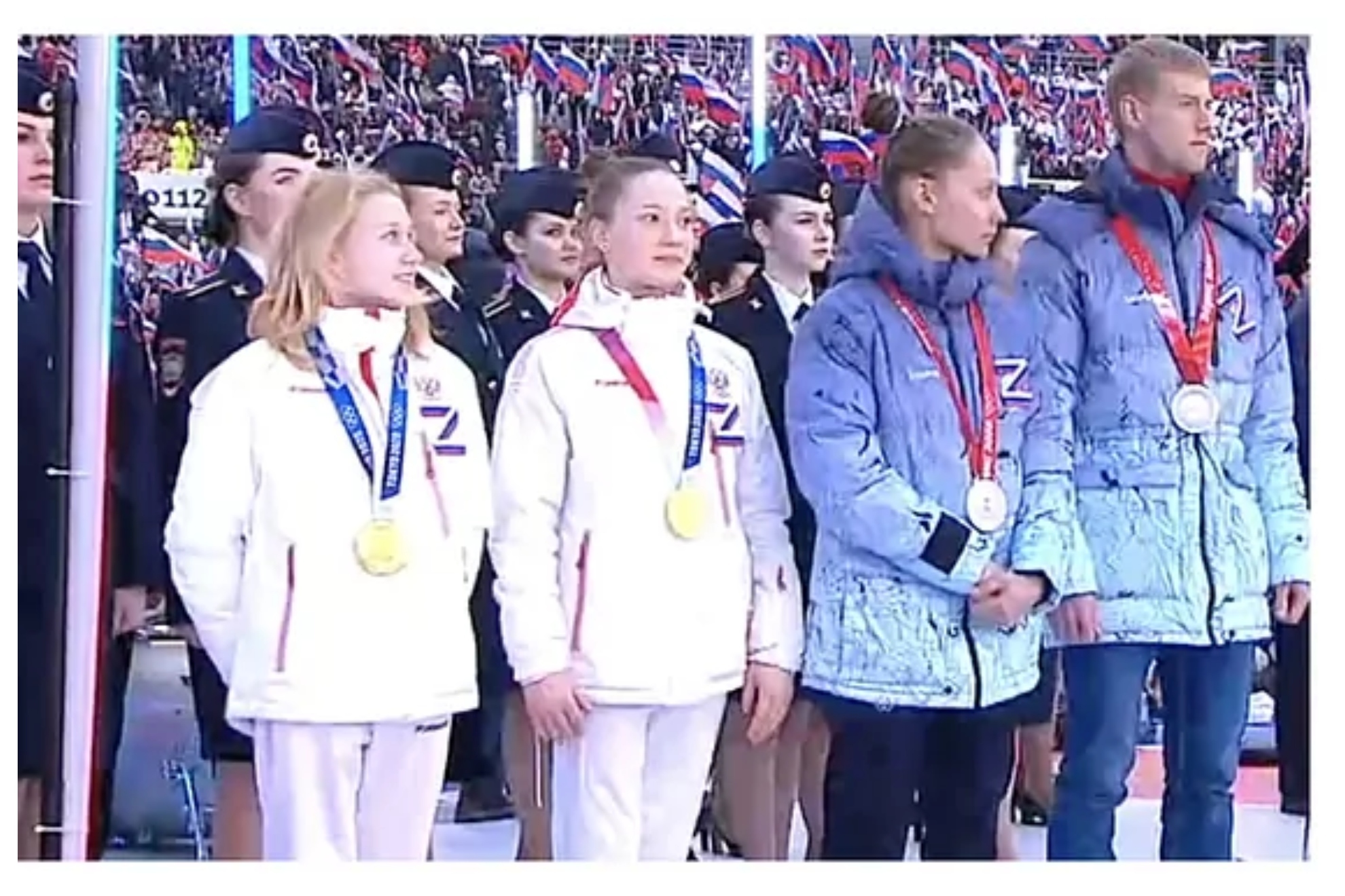Medallistas olímpicos rusos en un mitin de Vladimir Putin