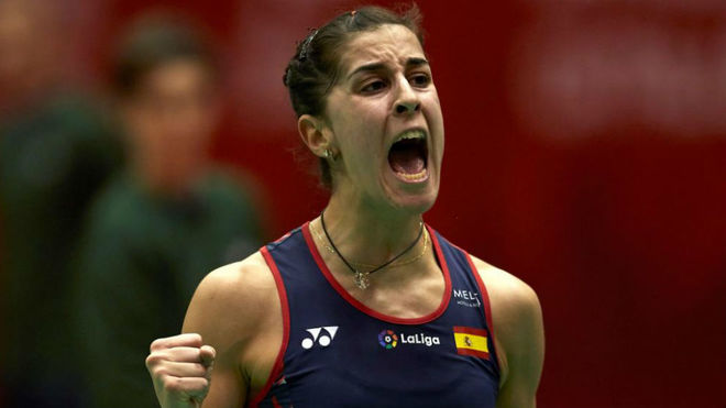 Carolina Marín celebra el pase a semifinales en el Masters de España.