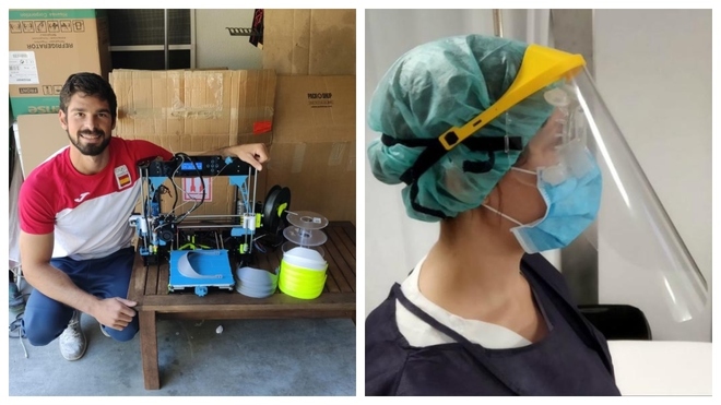 A la izquierda, Roi Rodríguez posa junto a su impresora 3D y una de las viseras que fabrica. A la derecha, una enfermera con protección gracias al proyecto coronavirusmakers@org.