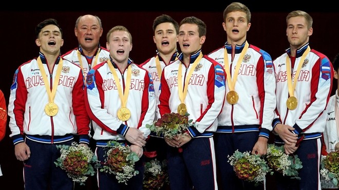 La selección masculina rusa de gimnasia, campeona del mundo en 2019.