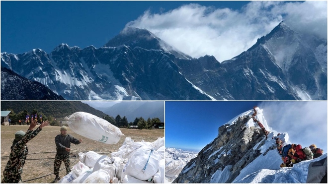 El Everest en 2020, y abajo en 2019 con la recogida de basura y las colas en la cima.