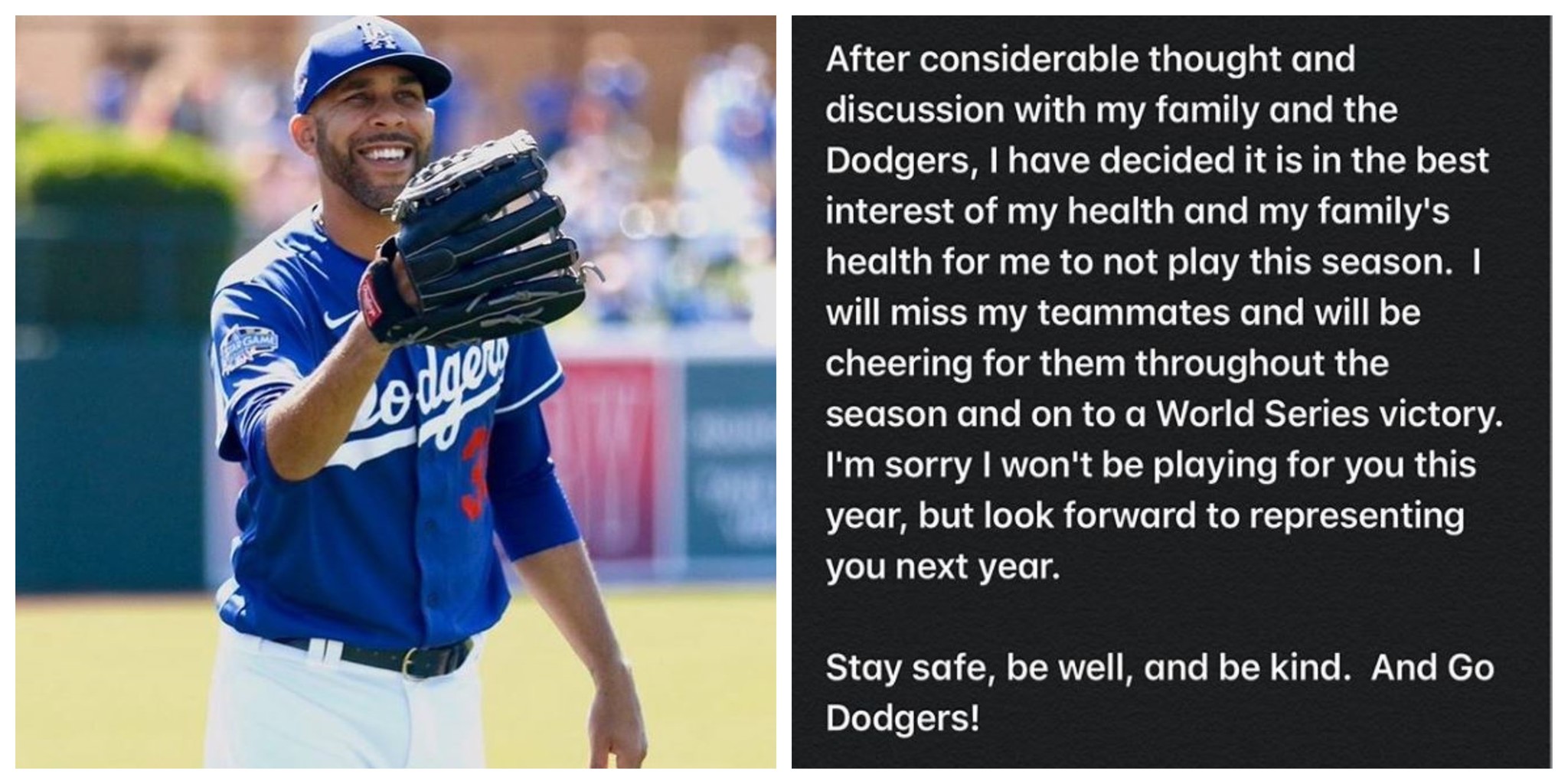 A la izquierda, David Price, lanzador de los Dodgers; a la derecha, su mensaje en el que anunciaba su renuncia.