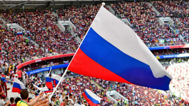 Bandera rusa durante el Mundial de fútbol 2018.