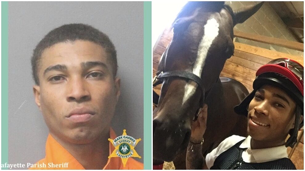 CJ McMahon, en la foto de su ficha policial y con uno de sus caballos.
