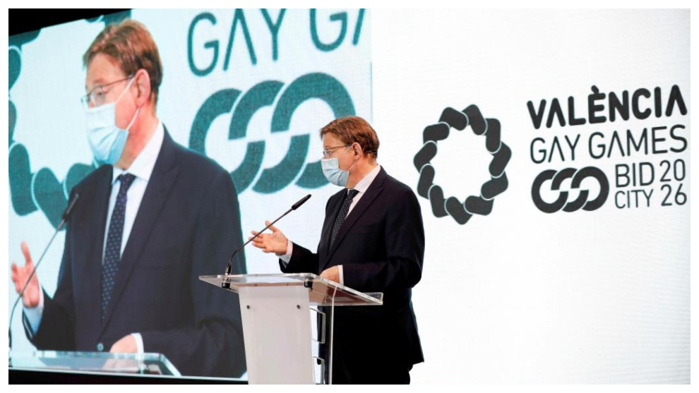 El president de la Generalitat, Ximo Puig, durante la presentación de la candidatura de Valencia como sede de los Gay Games 2026.