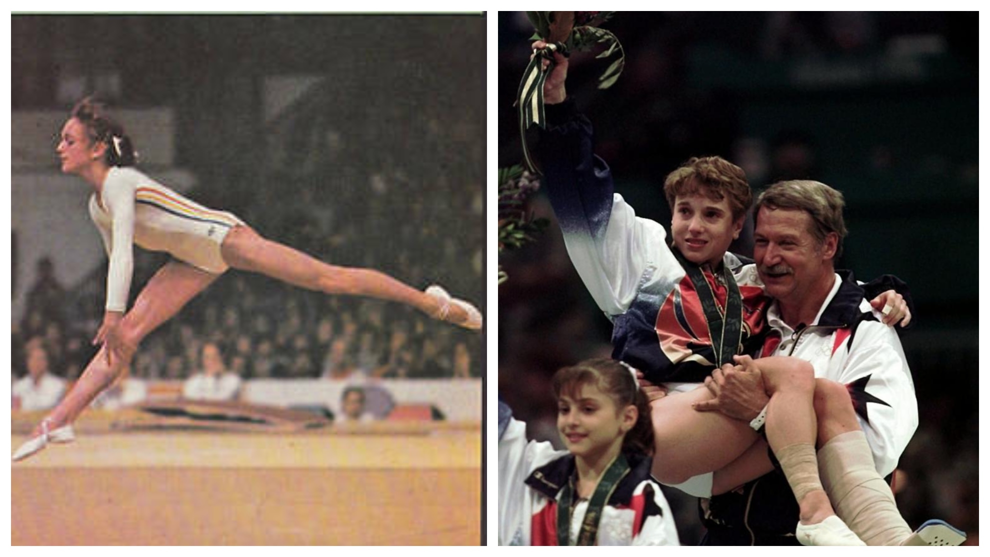 Emilia Eberle (i) y Béla Károlyi con Kerry Strug en brazos (d), tras ganar un oro en Atlanta 96, después de arengarla para que siguiera compitiendo tras su lesión..