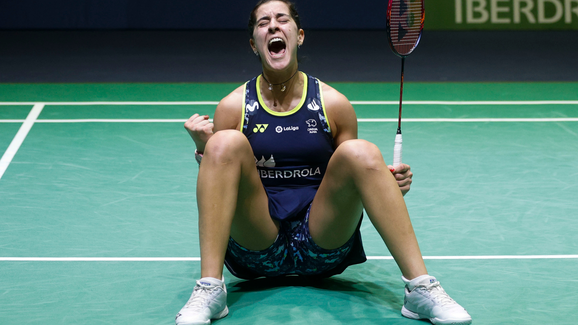 Carolina Marín celebra su sexto título europeo seguido.