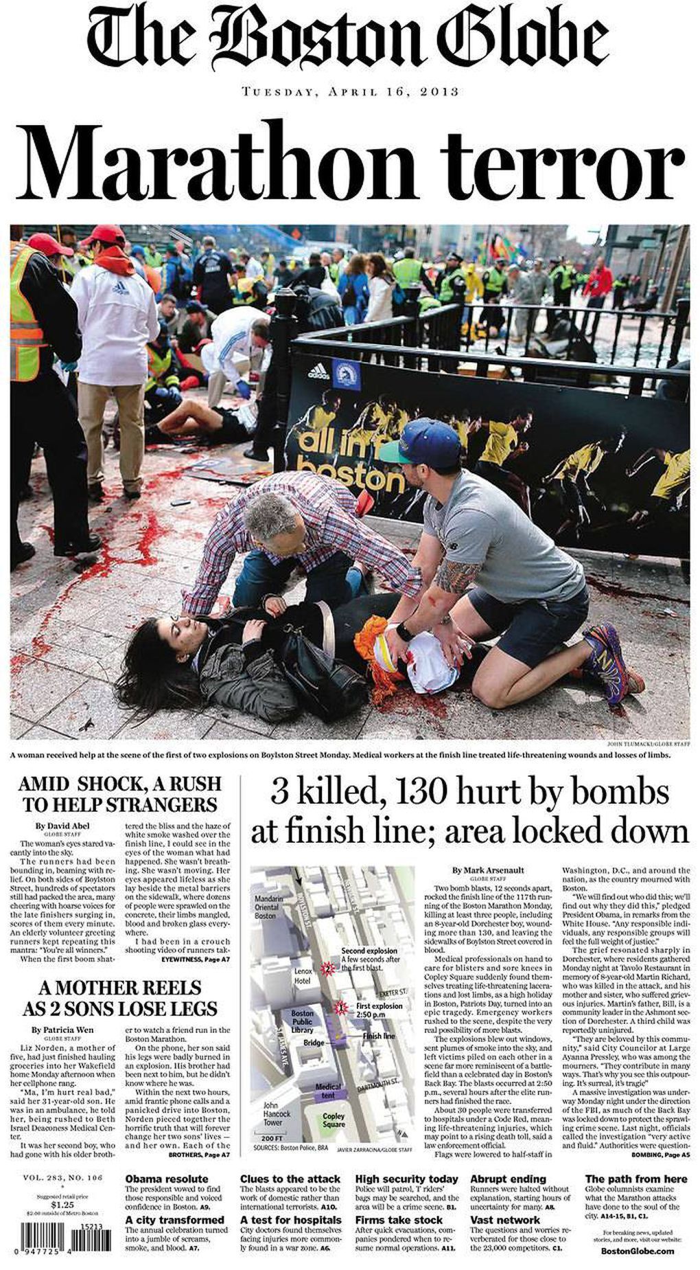 Maratón de dolor. El 16 de abril de 2013 el Maratón de Boston se vio sacudido por un atentado que dejó tres muertos y numerosas escenas de pánico. 'The Boston Globe', el diario de referencia de la ciudad, reflejó así en su portada un día para la historia negra de la localidad.
