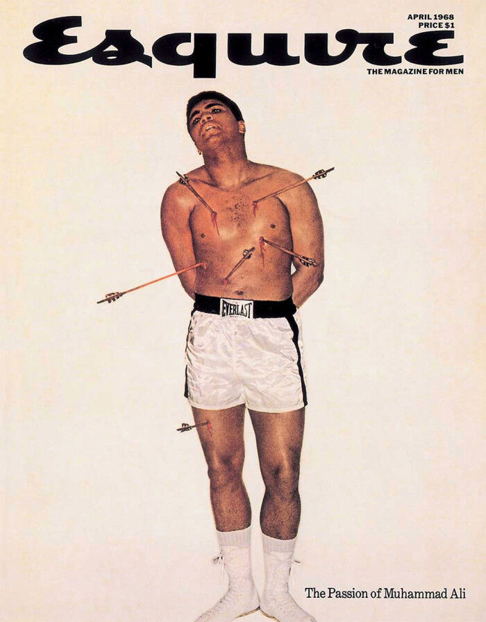 El castigo a Ali. El boxeador posó así para el número de abril de 1968 de la revista Esquire. En la portada se mostraba como San Sebastián, atravesado por seis flechas, en un año en el que ya era un icono universal por su negativa a ir a Vietnam y su conversión al Islam. La portada se ha exhibido hasta en el MOMA de Nueva York.