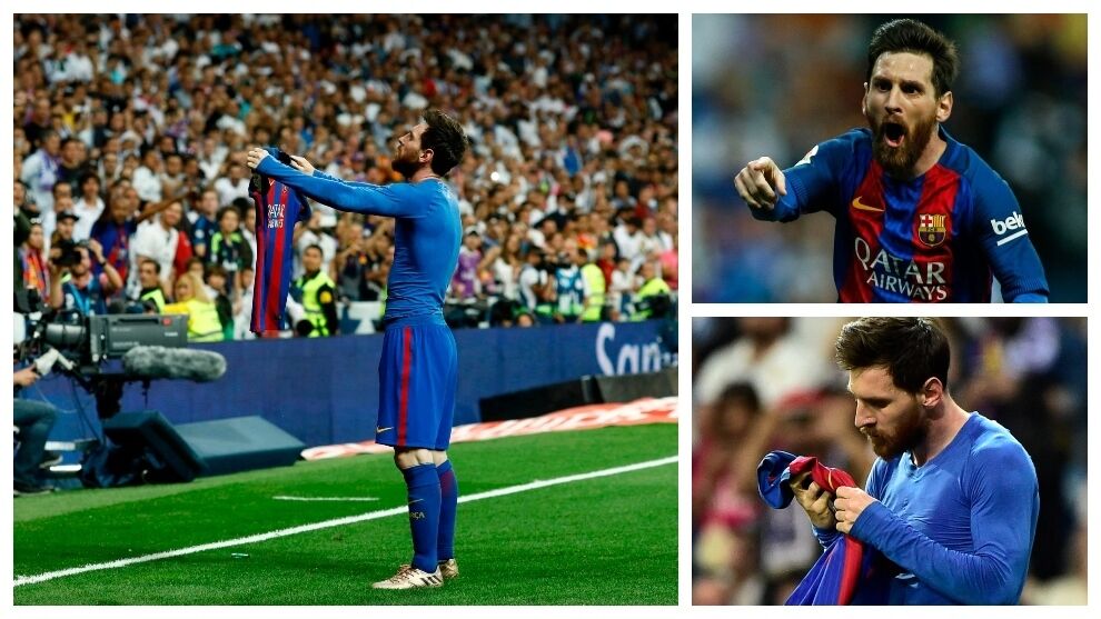 2. Messi enseña la camiseta al Bernabéu tras su gol