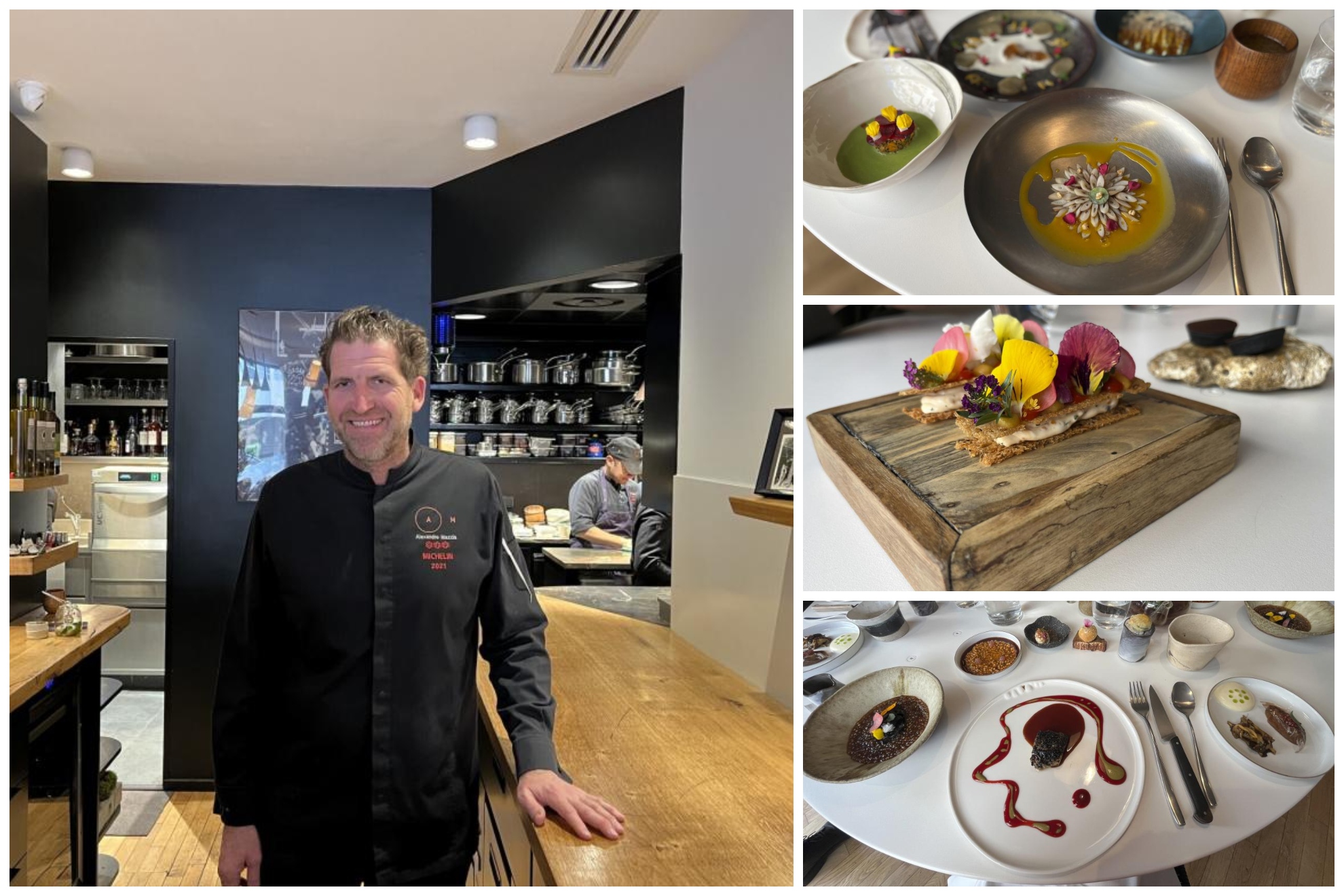 Alexandre Mazzia y algunos de sus platos en su restaurante AM.