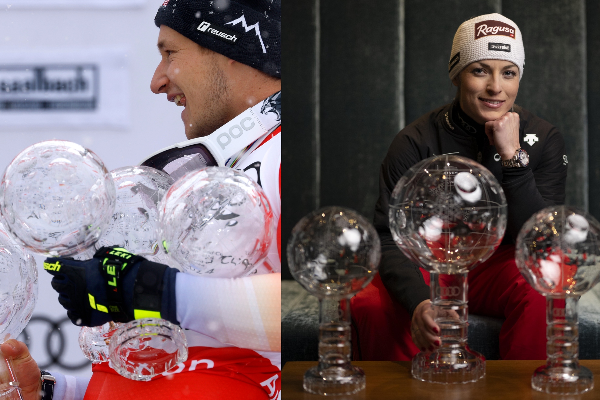 Marco Odermatt y Lara Gur, con sus globos de cristal de la temporada.