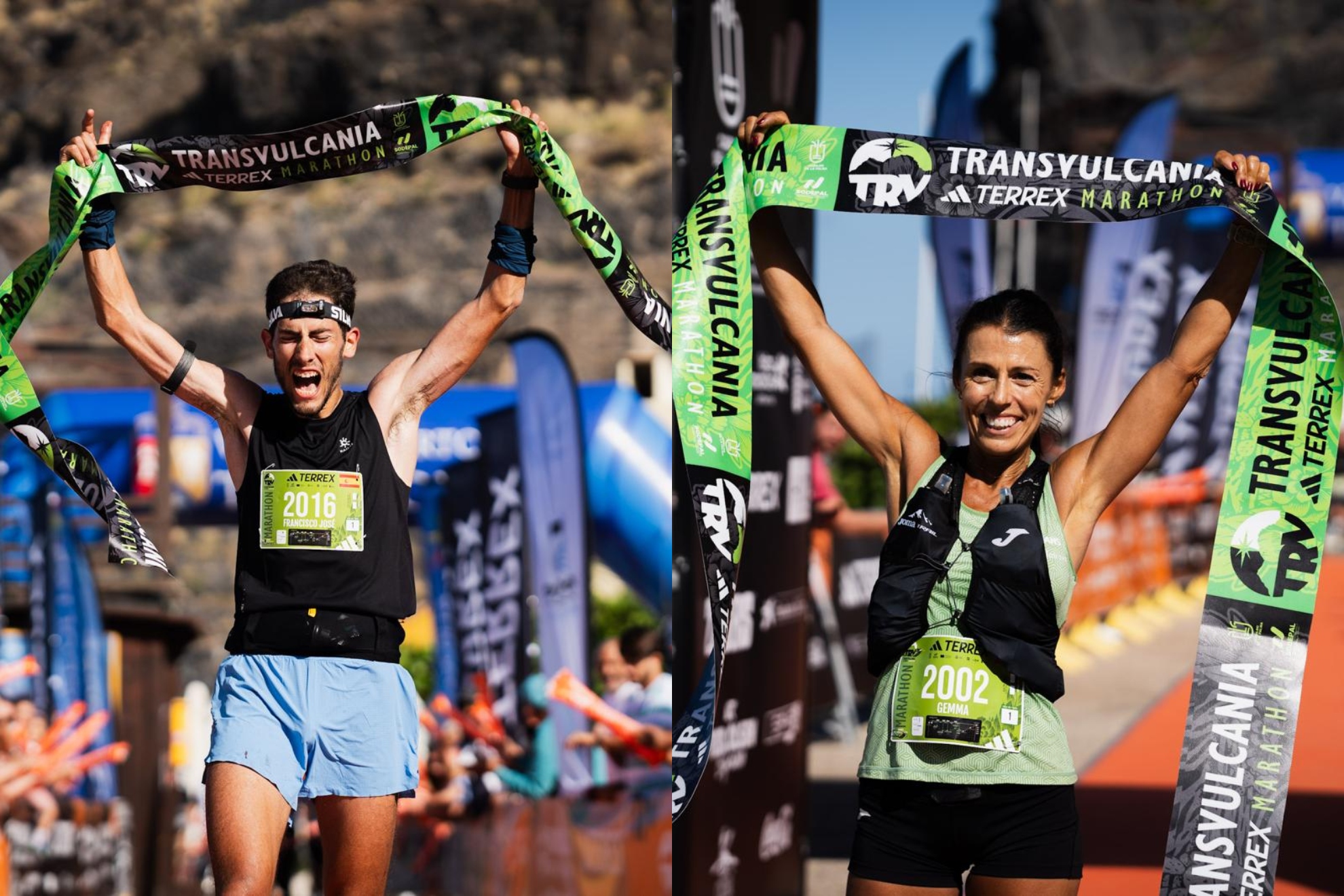 Fran Anguita y Gemma Arenas, en la meta del maratón de Transvulcania