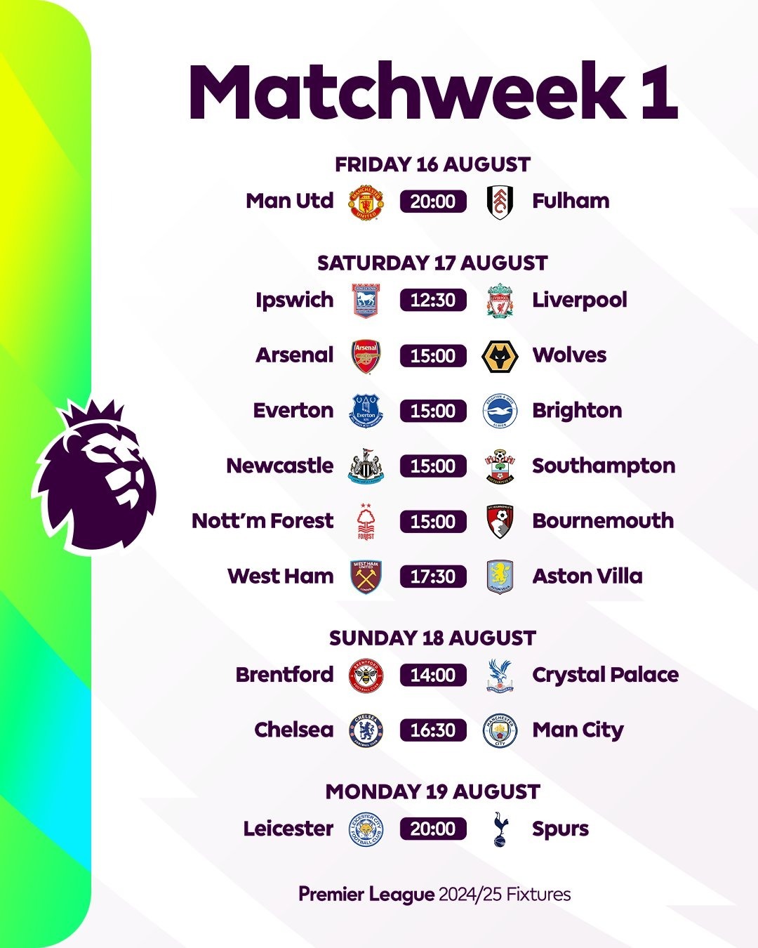 El calendario de la Premier League 2425 arranca el 16 de agosto y en