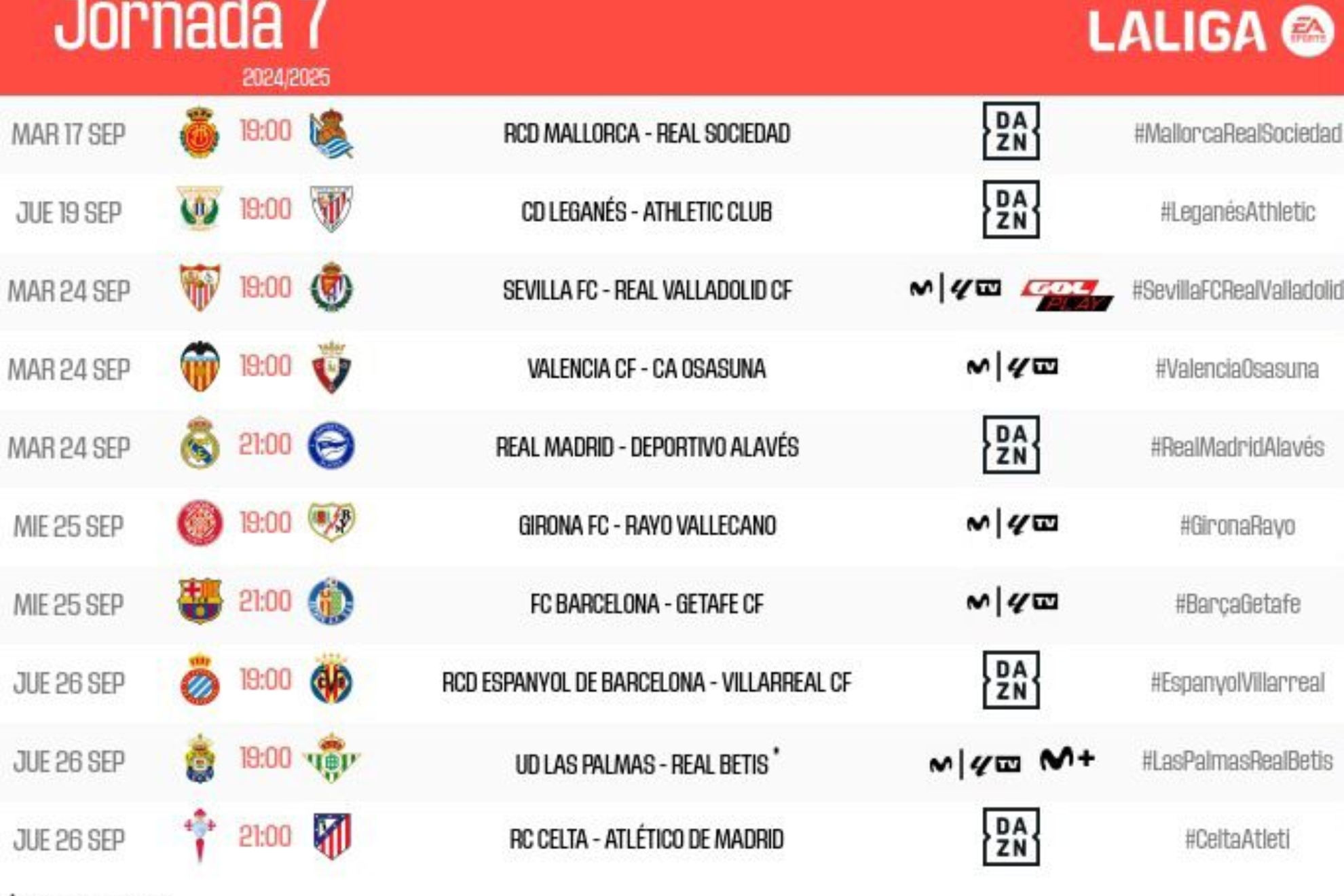 Horarios jornadas 7 y 8 de LaLiga EA Sports: Atlético-Real Madrid ...