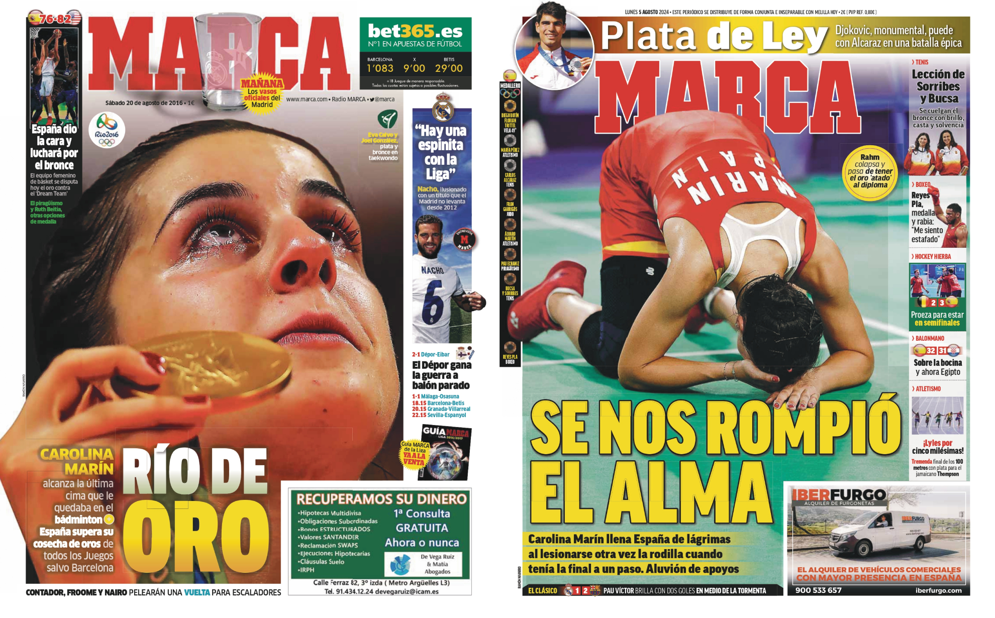 Portadas de Carolina Marín en 2016 y 2024.