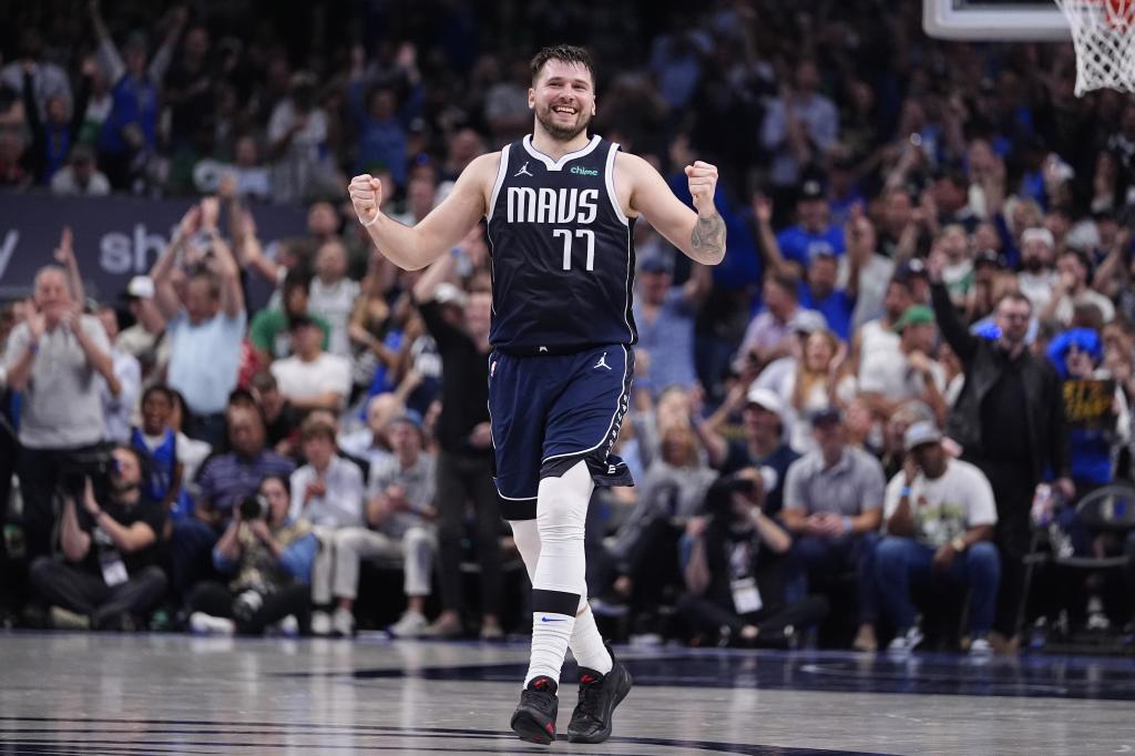 Luka Doncic celebrates a basket in Game 4 of the Finals against the Boston Celtics.
