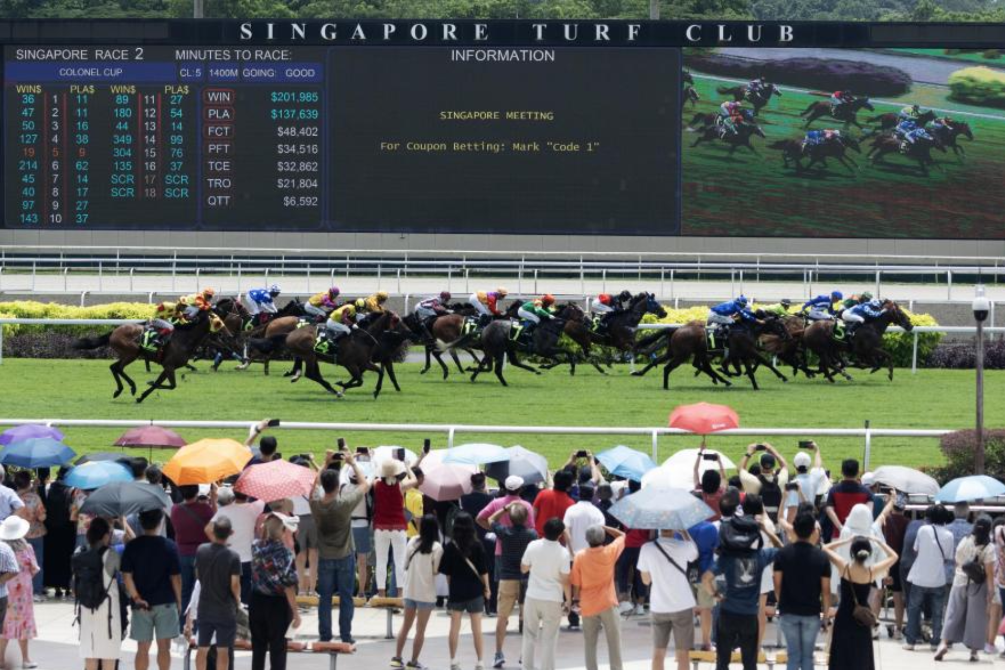 Jockeys on race horses compete during a race at the Singapore Turf Club (STC), in Singapore