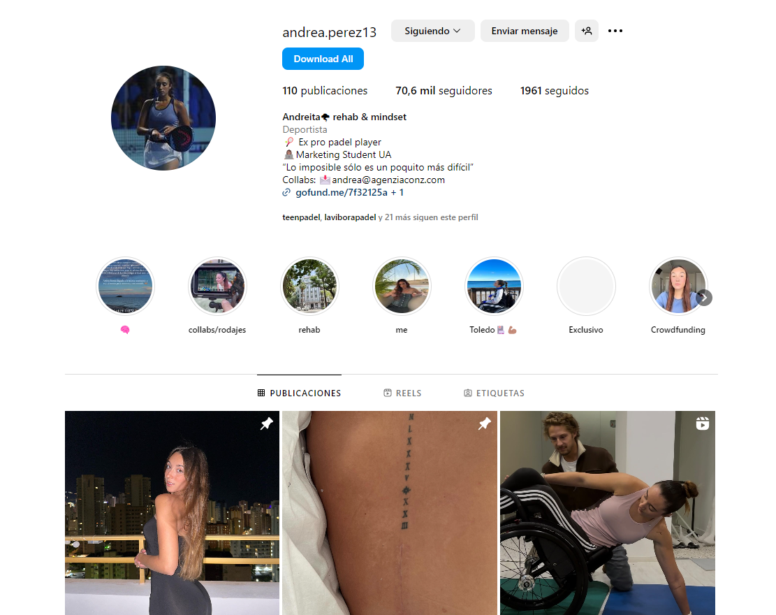 El perfil en redes sociales de Andrea.