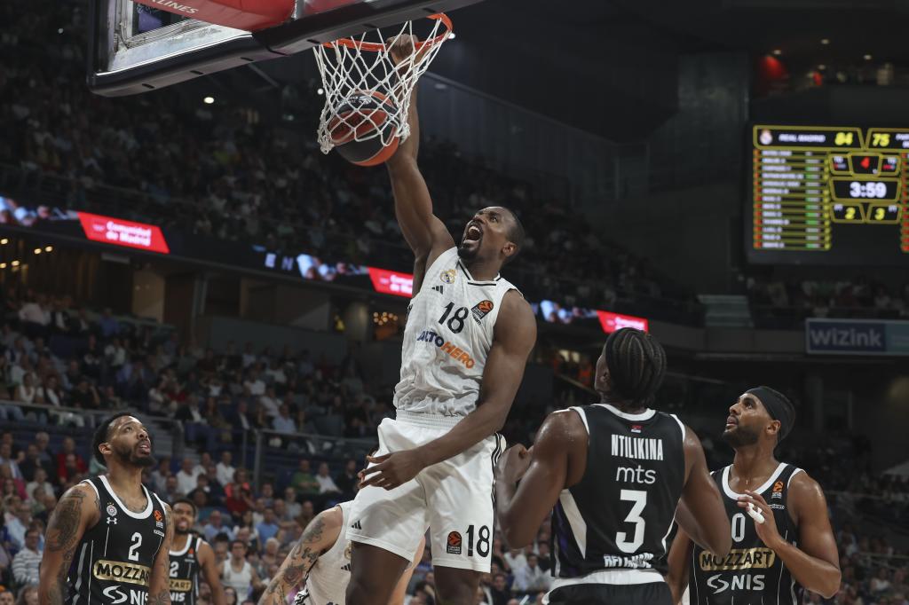 Serge Ibaka makes a dunk in the game against Partizan.