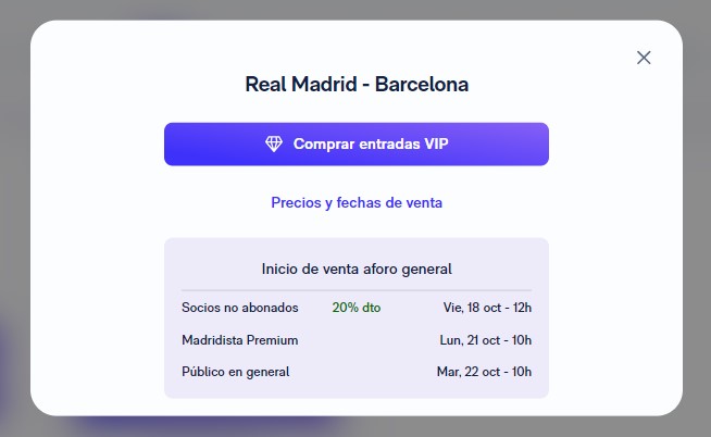 Web del Real Madrid con las fechas de adquisición de las entradas