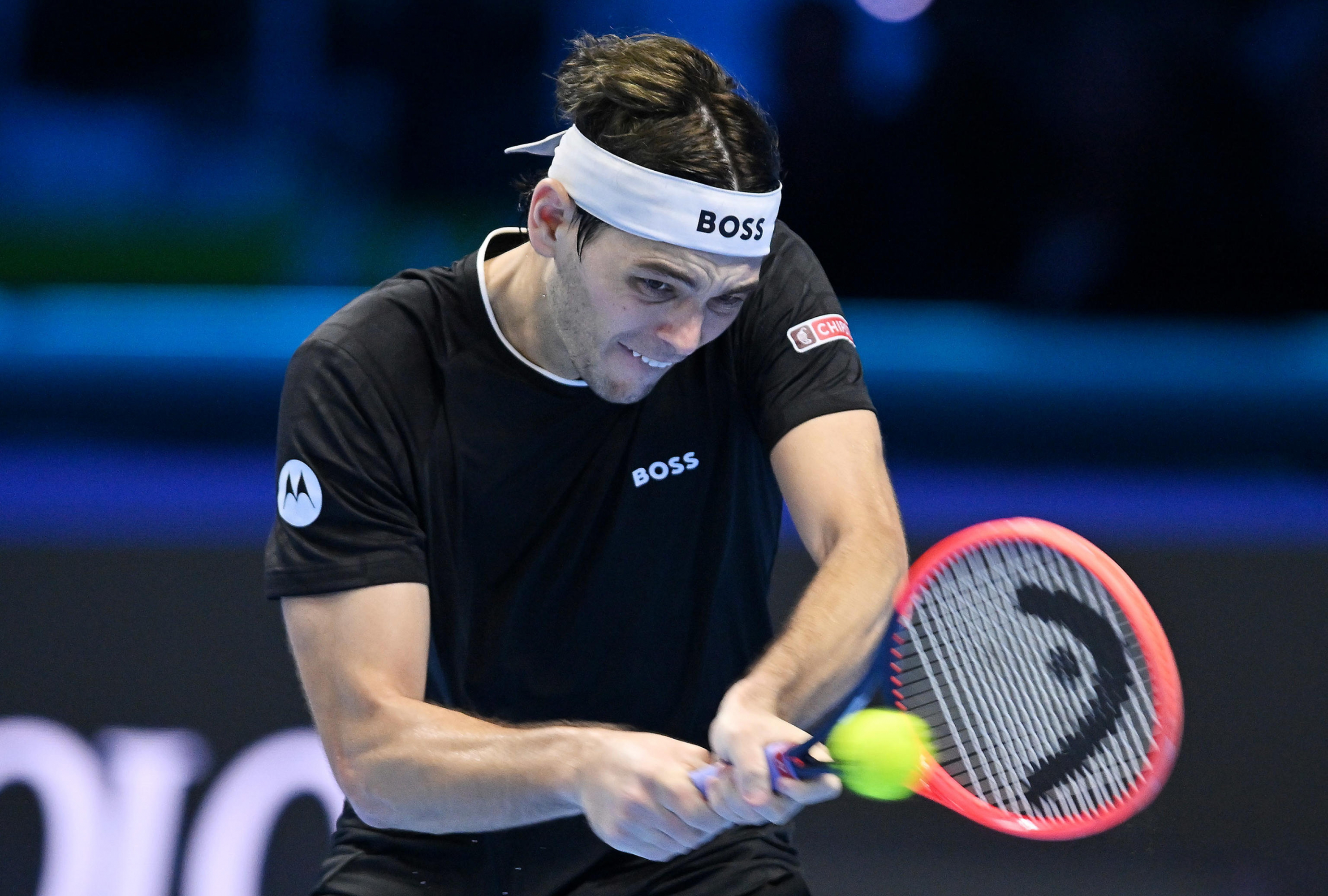 Turin (Italy), 10/11/2024.- Taylor Fritz of USA plays his first match against Daniil Medvedev of Russia during the ATP Finals 2024 in Turin, Italy, 10 November 2024. (Tenis, Italia, Rusia) EFE/EPA/Alessandro Di Marco