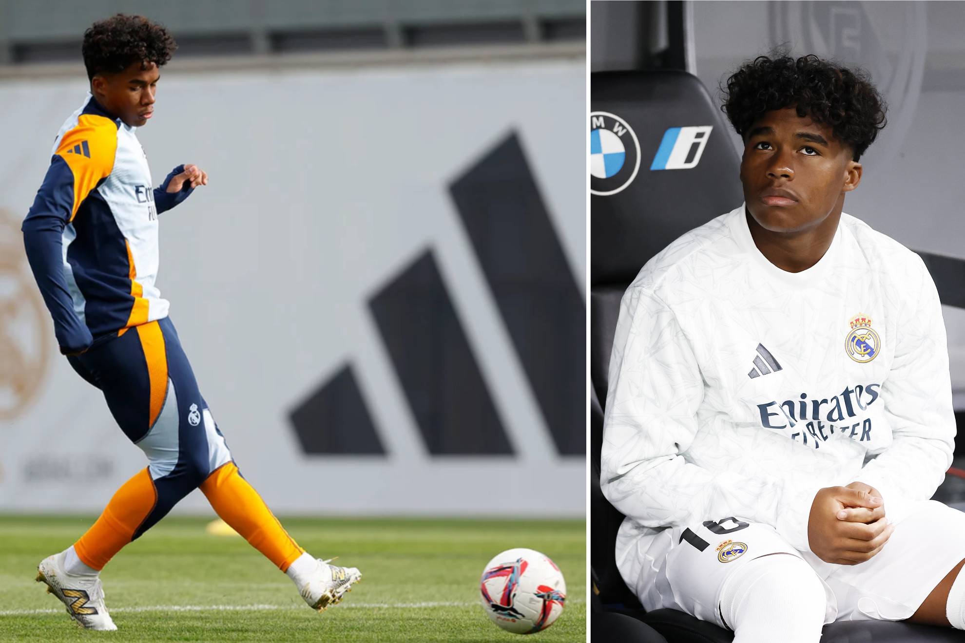 Endrick durante un entrenamiento (izquierda) y el banquillo (derecha).