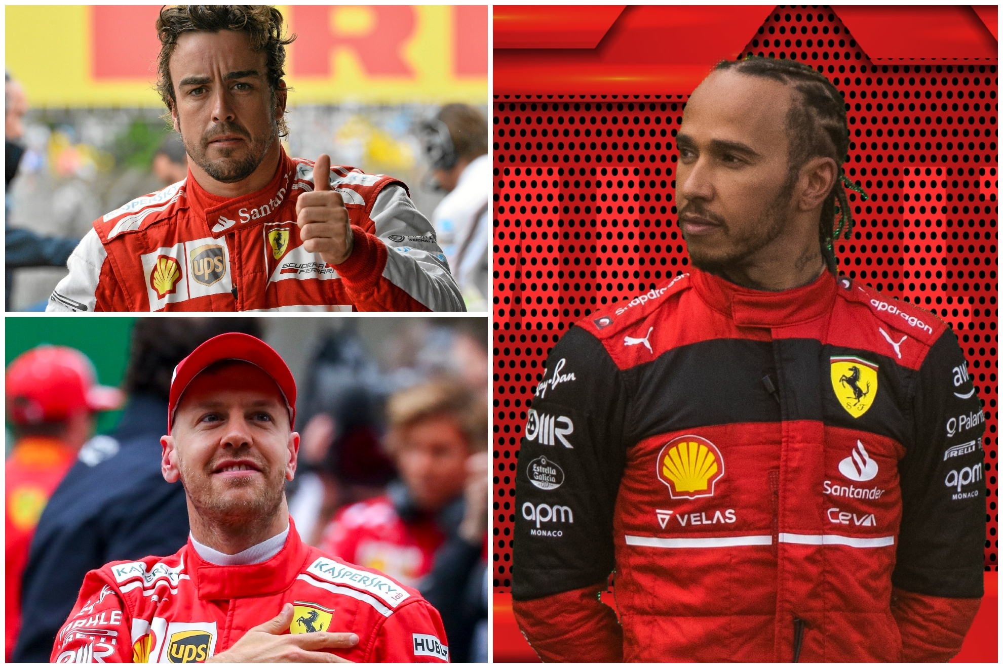 Los tres últimos campeones que han llegado a Ferrari: Fernando Alonso en 2010, Vettel en 2015 y Hamilton en 2025