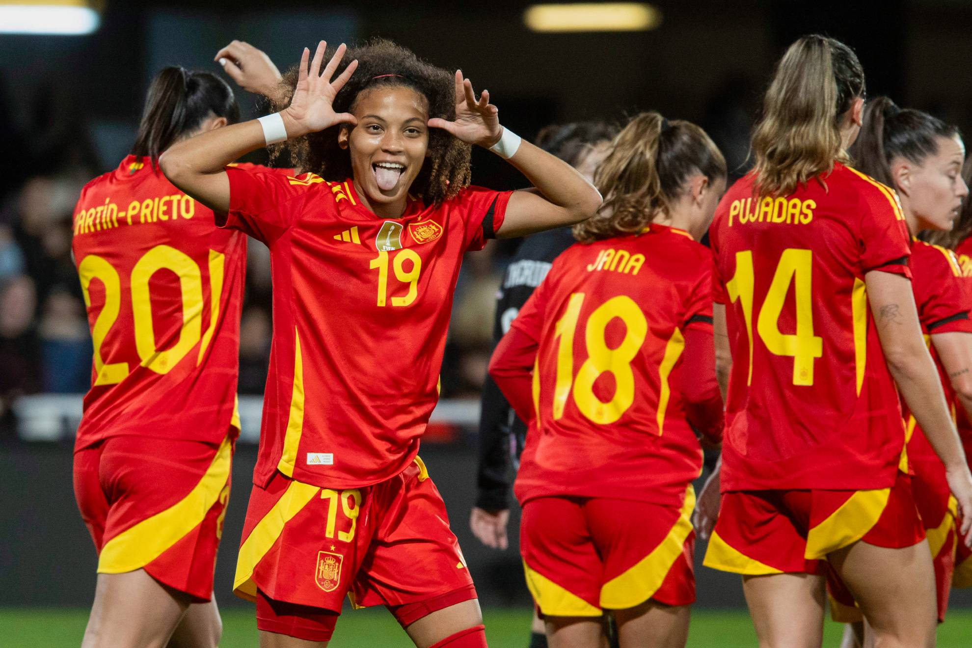 Vicky Lopez celebrates one of her two goals against South Korea