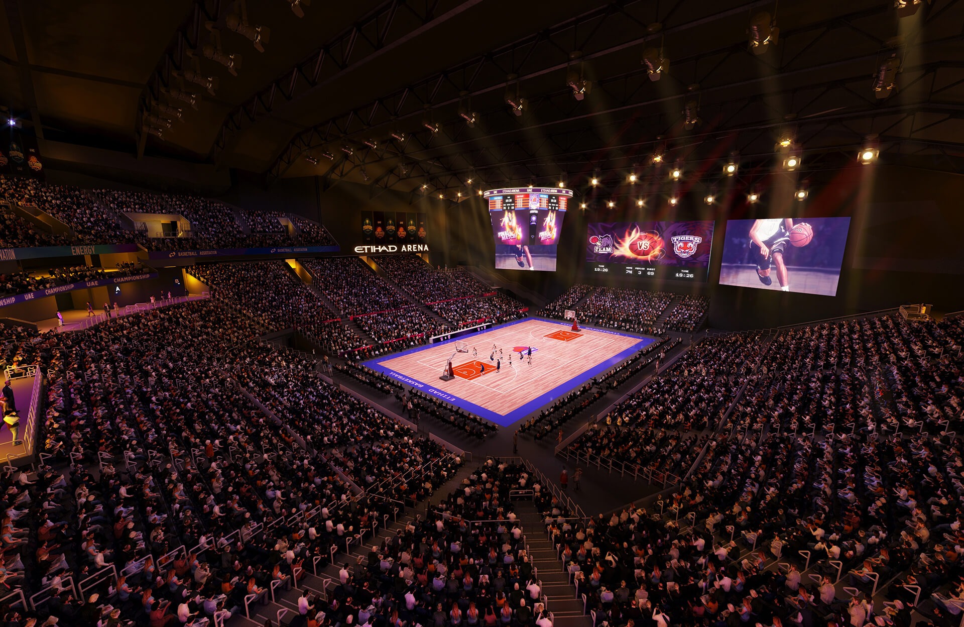 El Etihad Arena, durante un partido de baloncesto.