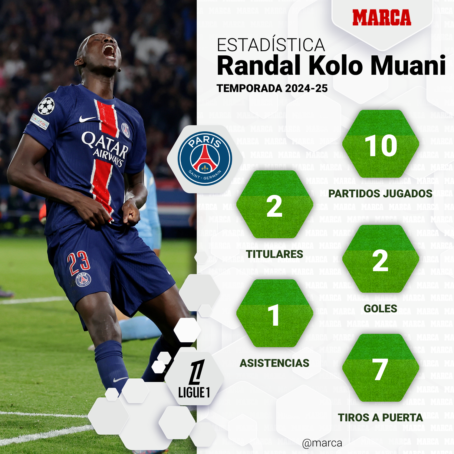 Estadísticas de Kolo Muani en Ligue 1.