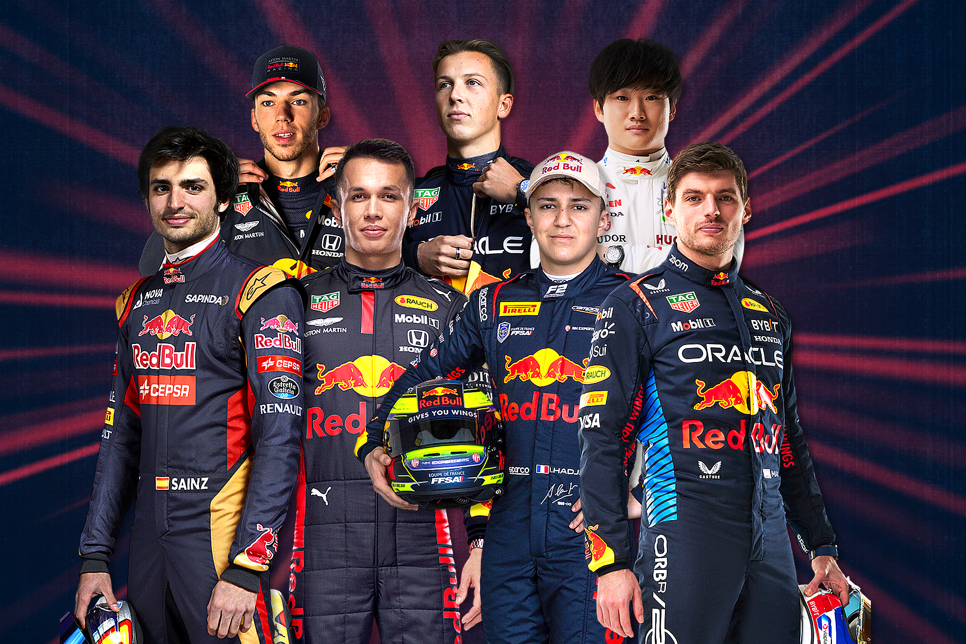 Fotomontaje de los 'Pilotos Red Bull' de la parrilla en 2025