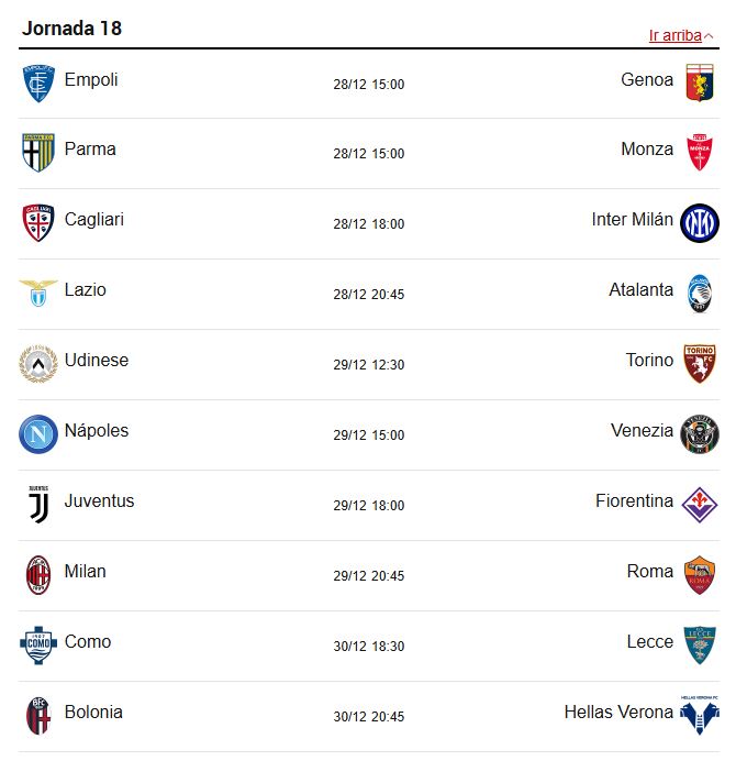 18° giornata di Serie A (28, 29 e 30 dicembre).