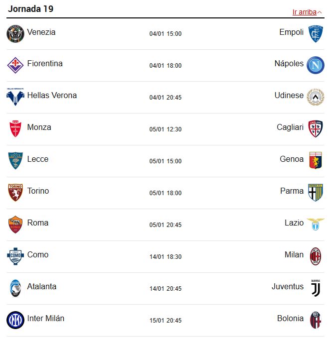 19° giornata di Serie A (4 e 5 gennaio).