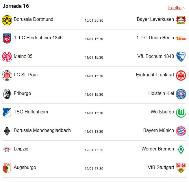 16° giornata di Bundesliga (10, 11 e 12 gennaio)