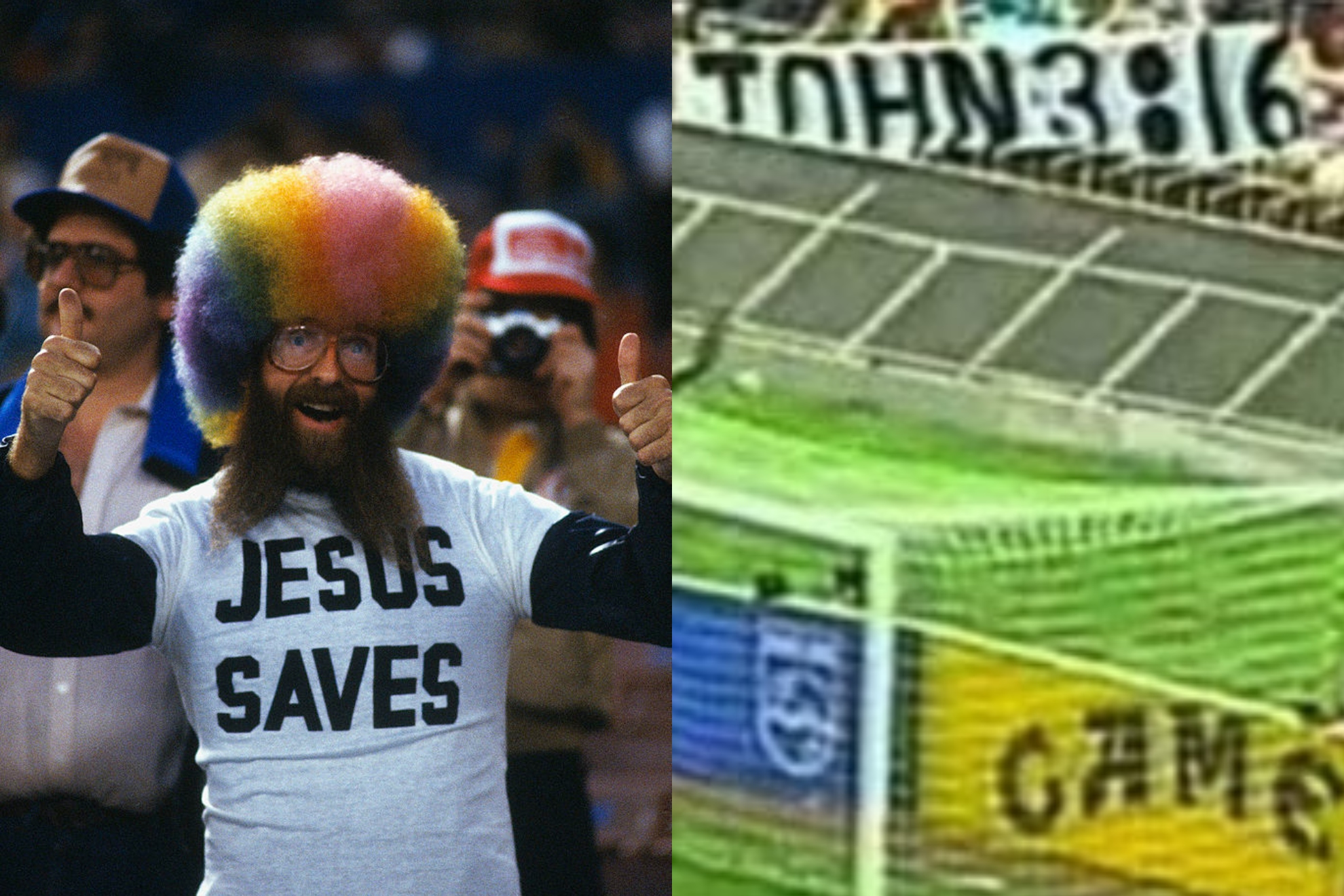 Rollen Stewart como 'Rainbow Man' y su pancarta en México 1986