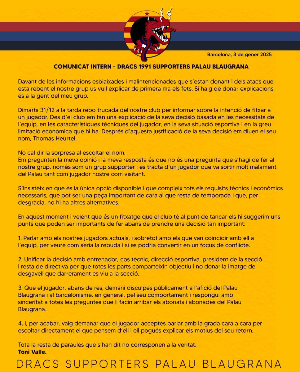 El comunicado emitido por los 'Dracs' sobre el caso Heurtel.