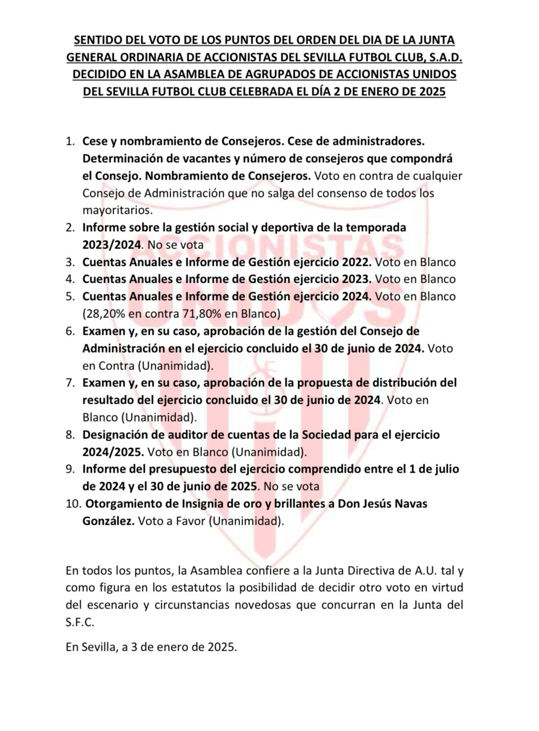 Dirección de voto de la Junta de Accionistas Unidos de Sevilla