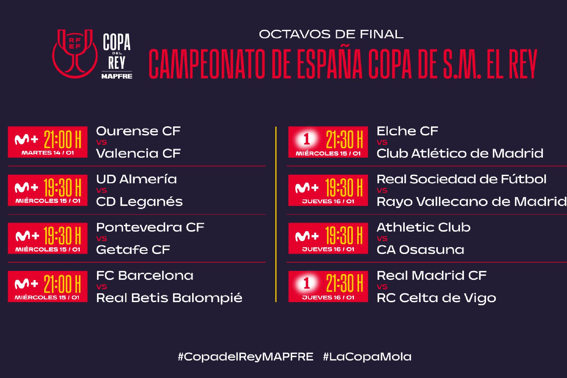 Horarios de los octavos de final de la Copa del Rey Marca