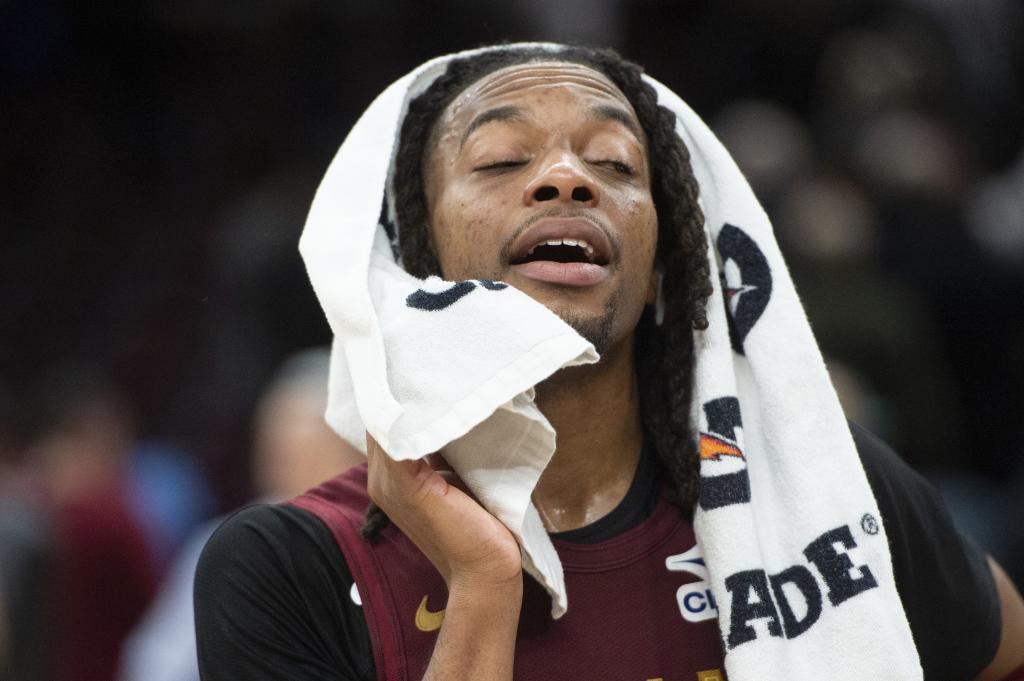 Cleveland Cavaliers' Darius Garland cools down after an NBA basketball game against the Toronto Raptors in Cleveland, Thursday, Jan. 9, 2025. (AP Photo/Phil Long)