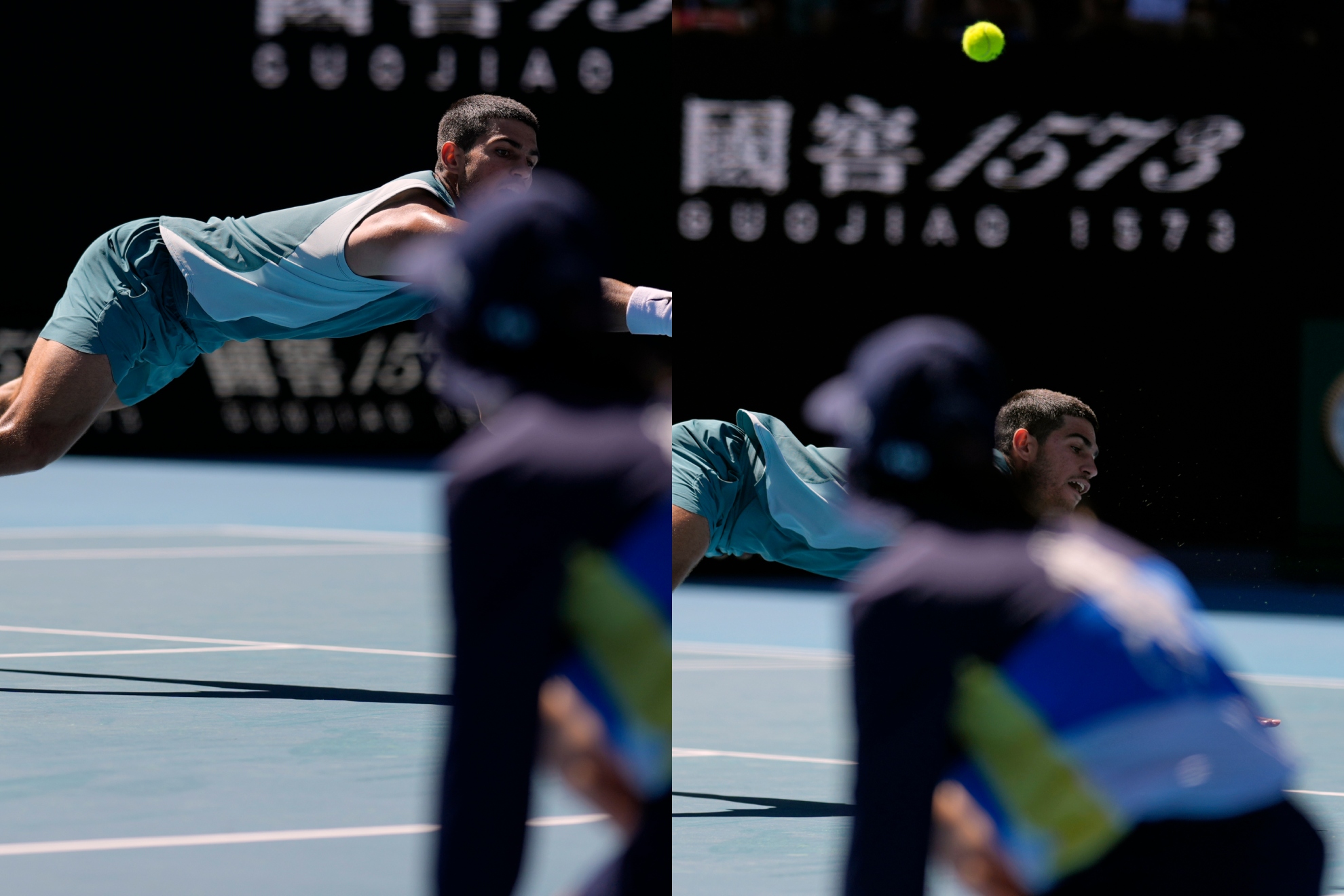 Carlitos. en el momento de lanzarse a por la pelota.