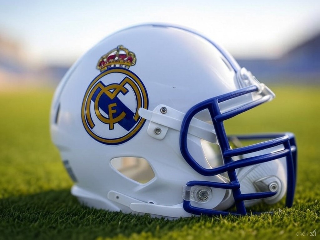 Fotomontaje de un casco de la NFL con los colores del Real Madrid