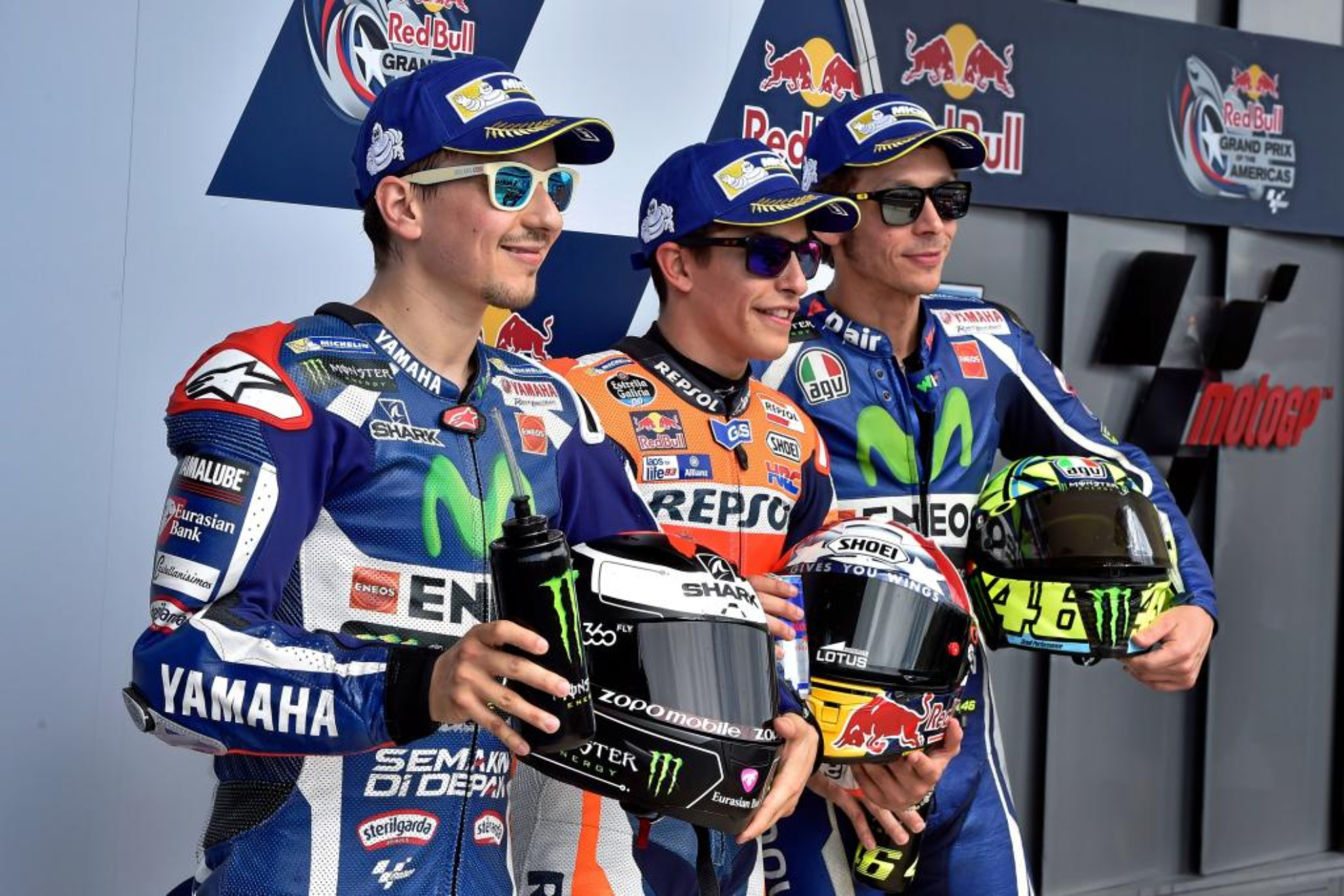 Lorenzo, Márquez y Rossi, en un Gran Premio de Las Américas.
