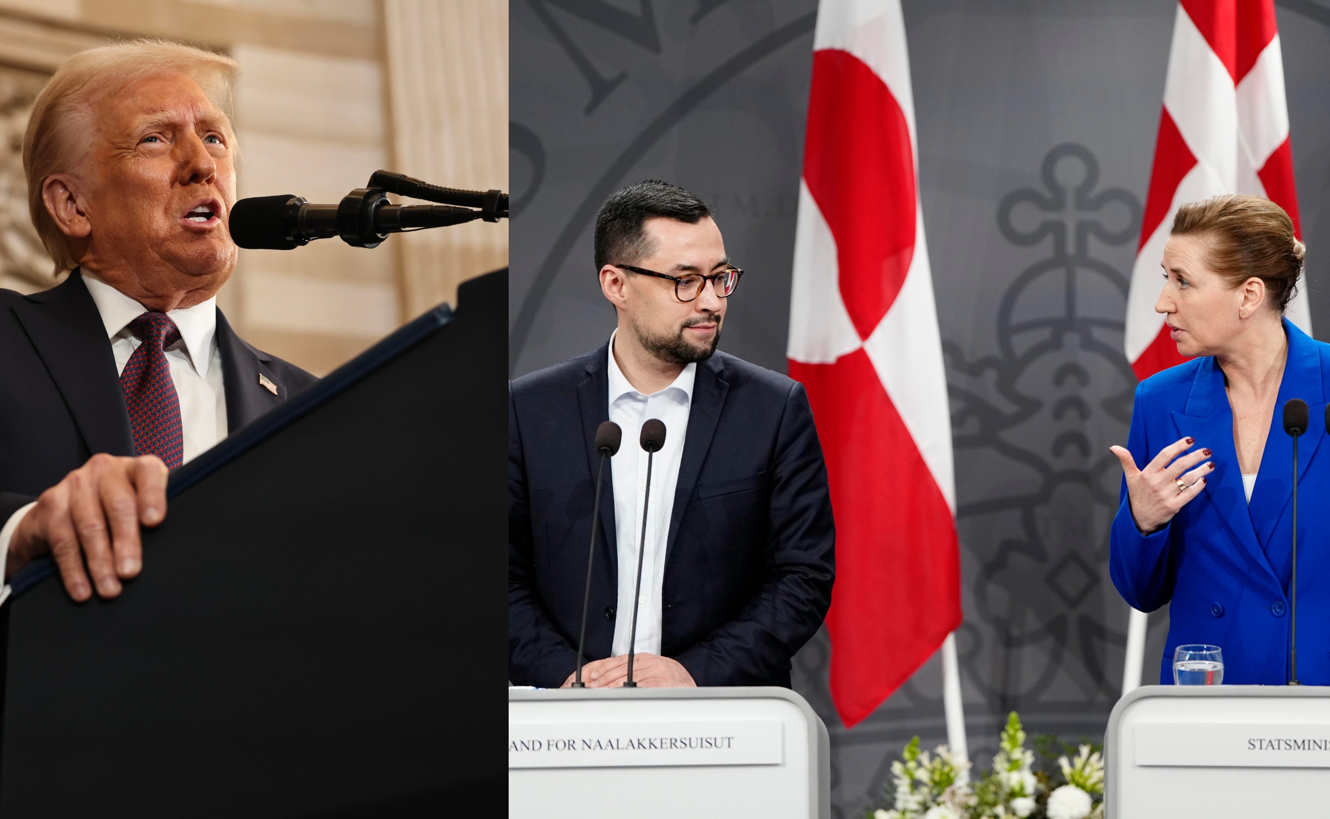 A la izquierda, Donald Trump; a la derecha, Múte Egede y Mette Frederiksen, primeros ministros de Groenlandia y Dinamarca.