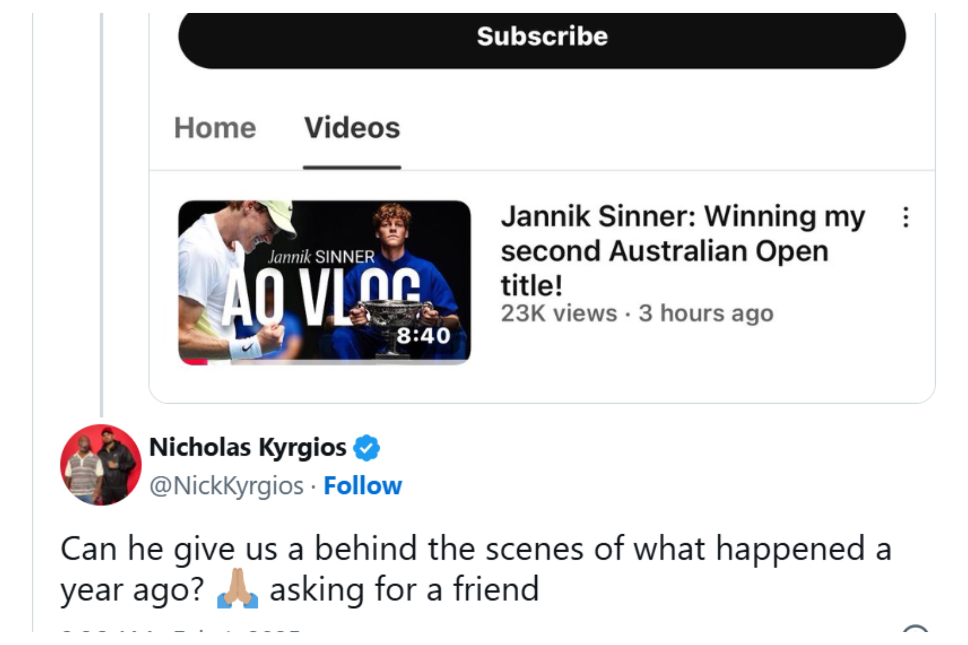 Kyrgios le contesta a Sinner por la red social X.