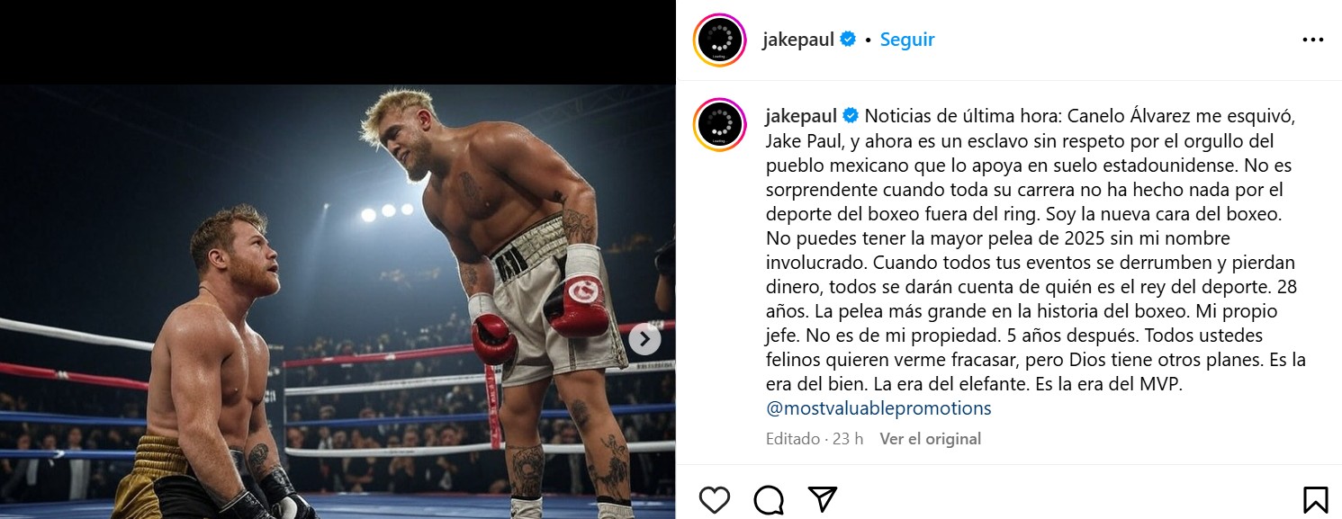 El mensaje de Jake Paul a Canelo Álvarez en Instagram.